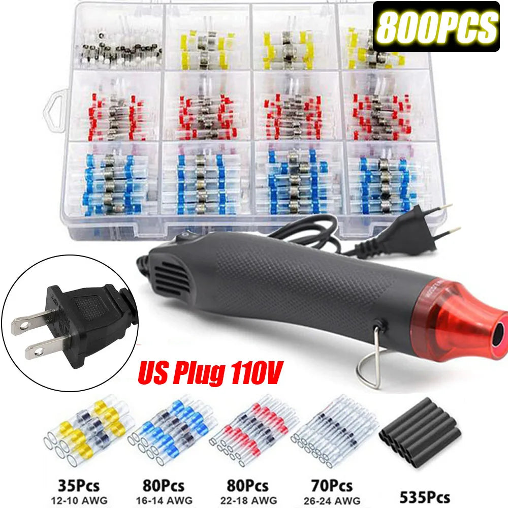 100/800PCS Solder Seal Wire Connectors Heat Shrink Solder Butt Connectors Kit Automotive Marine Insulated with 300W Hot Air Gun