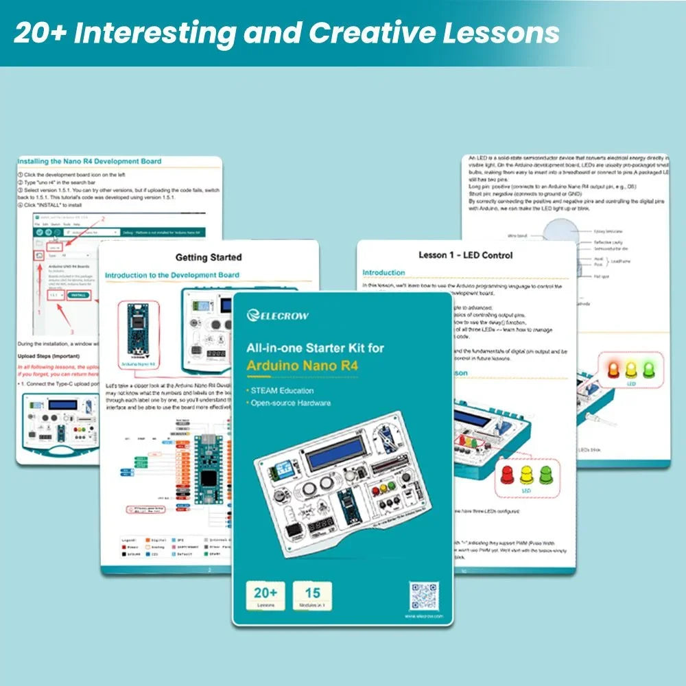 Elecrow All-in-one Starter Kit for Arduino NANO R4 with 20 lessons and 16 modules STEM Education Programming Learning Set