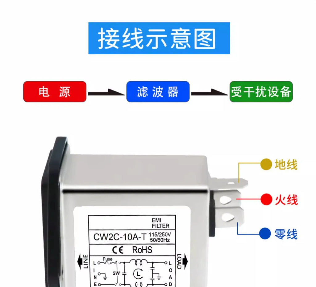 Single/Double Insurance EMI filter CW2A-3/6/10A-T EMI Socket Power Filter Audio Power Purifier Vehicle anti-interferenc