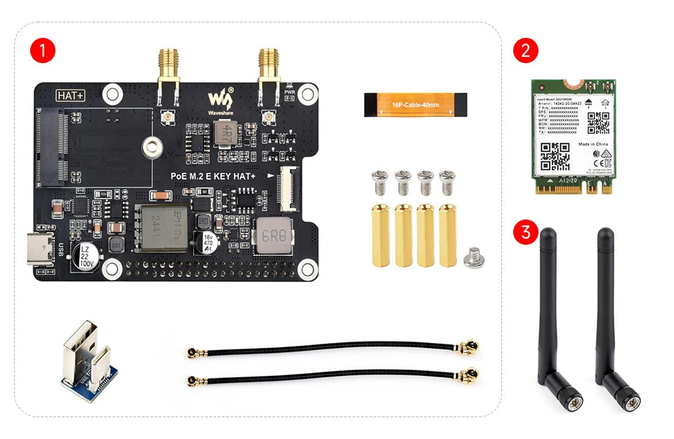 Waveshare PCIe To M.2 E KEY Adapter With PoE Function, Compatible With NGFF (M.2 E Key) Wireless NIC, Raspberry Pi 5 PCIe HAT