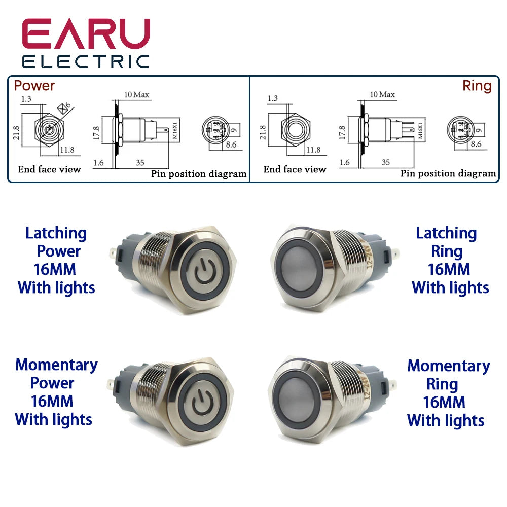 16mm Metal Push Button Switch Ring Lamp Power Symbol Buttons Waterproof Flat Head Momentary Latching LED Light Self-lock 1NO1NC
