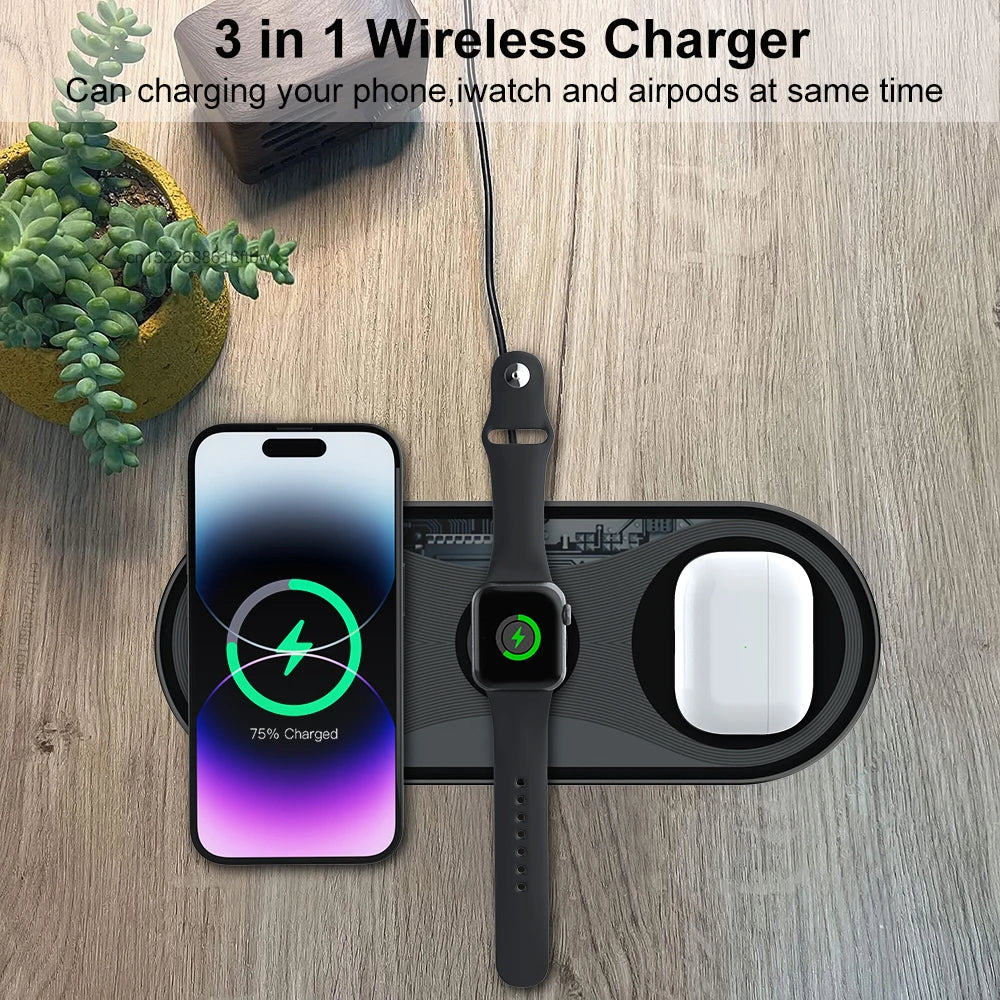 Wireless Charger Pad 3 in 1 for iPhone 17 16 15 Pro Max Fast Dual Wireless Charger for Samsung S25 S24 S23 Xiaomi Charging Pad
