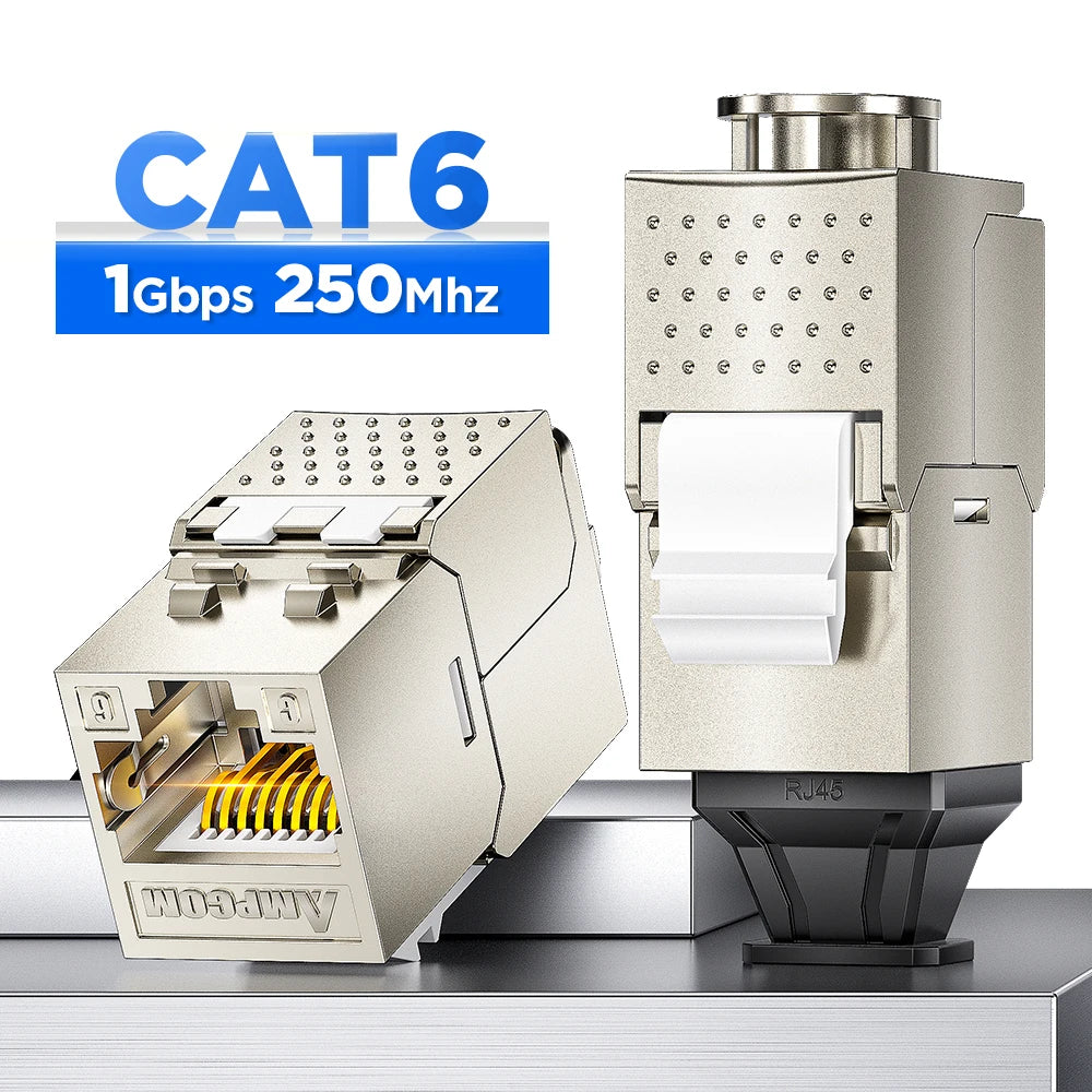AMPCOM Pro+ Cat7/6A/6 Shielded Keystone Jack Zinc Alloy Toolless RJ45 Connector with 50u Gold Plated Pins for High-Speed Network