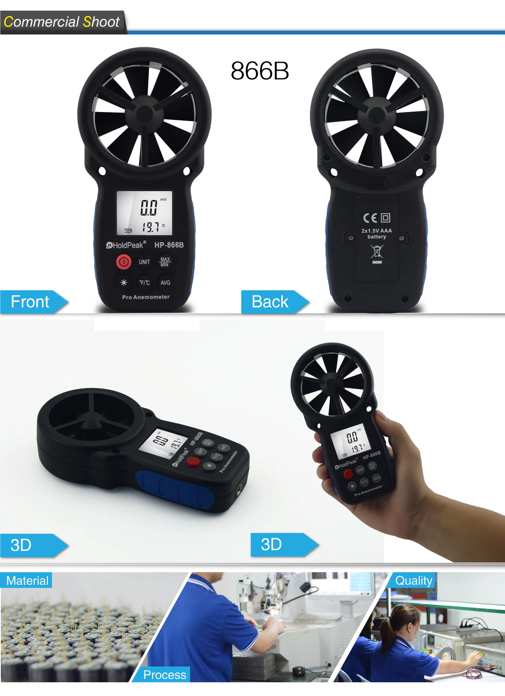 HP-866B-WM Weather Meter Anemometer Wind Speed Temperature Humidity Barometer Altitude