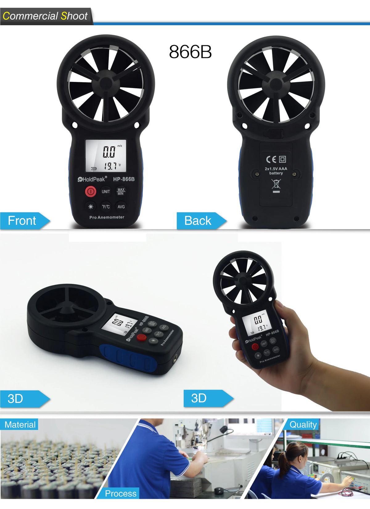 HP-866B-WM Weather Meter Anemometer Wind Speed Temperature Humidity Barometer Altitude