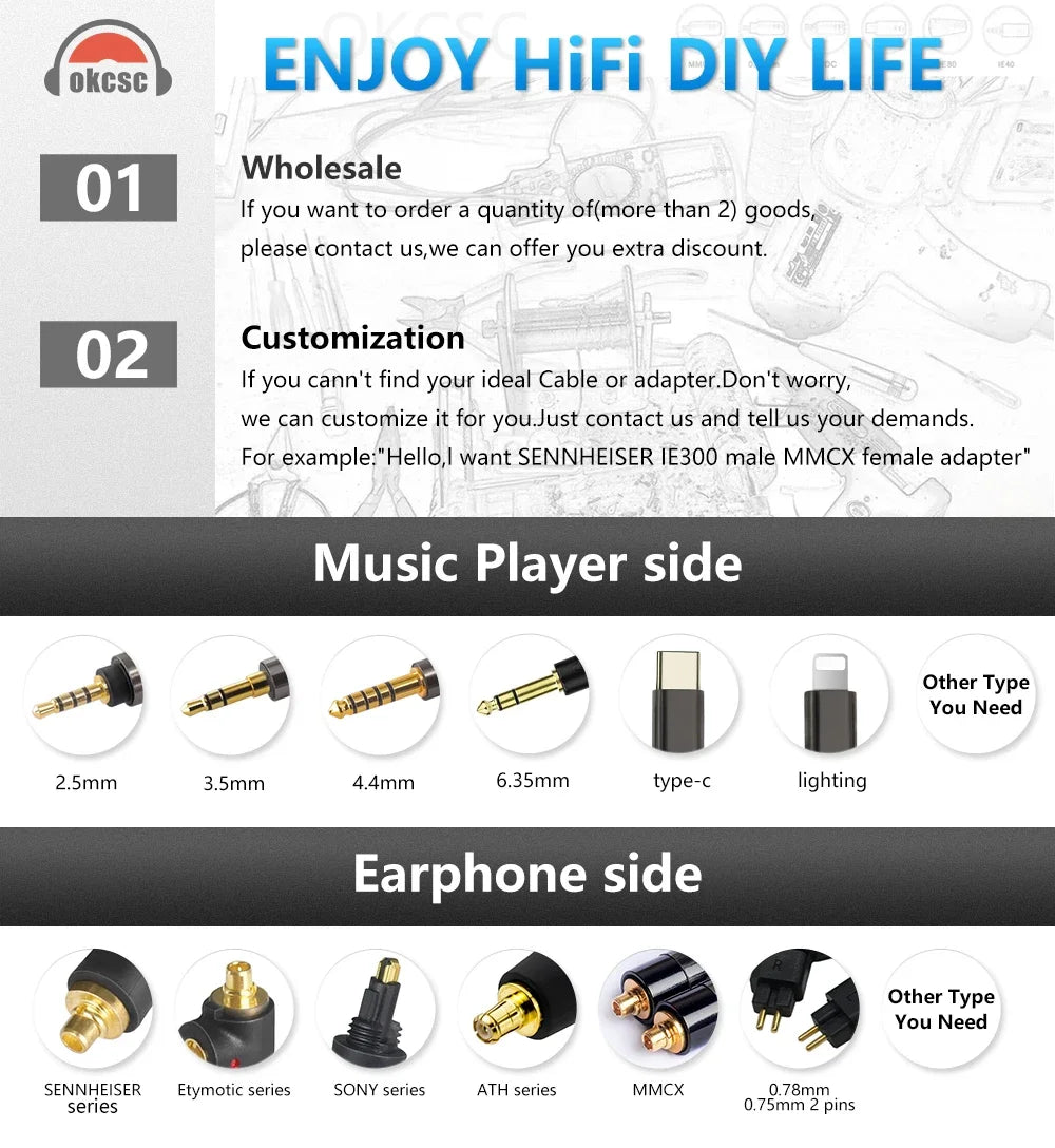 OKCSC HIFI Earphone Connecter for MMCX Female to IE900 Male Adapter for SENNHEISER IE200/IE300/IE600/IE900/AKG N5005/N30/N40