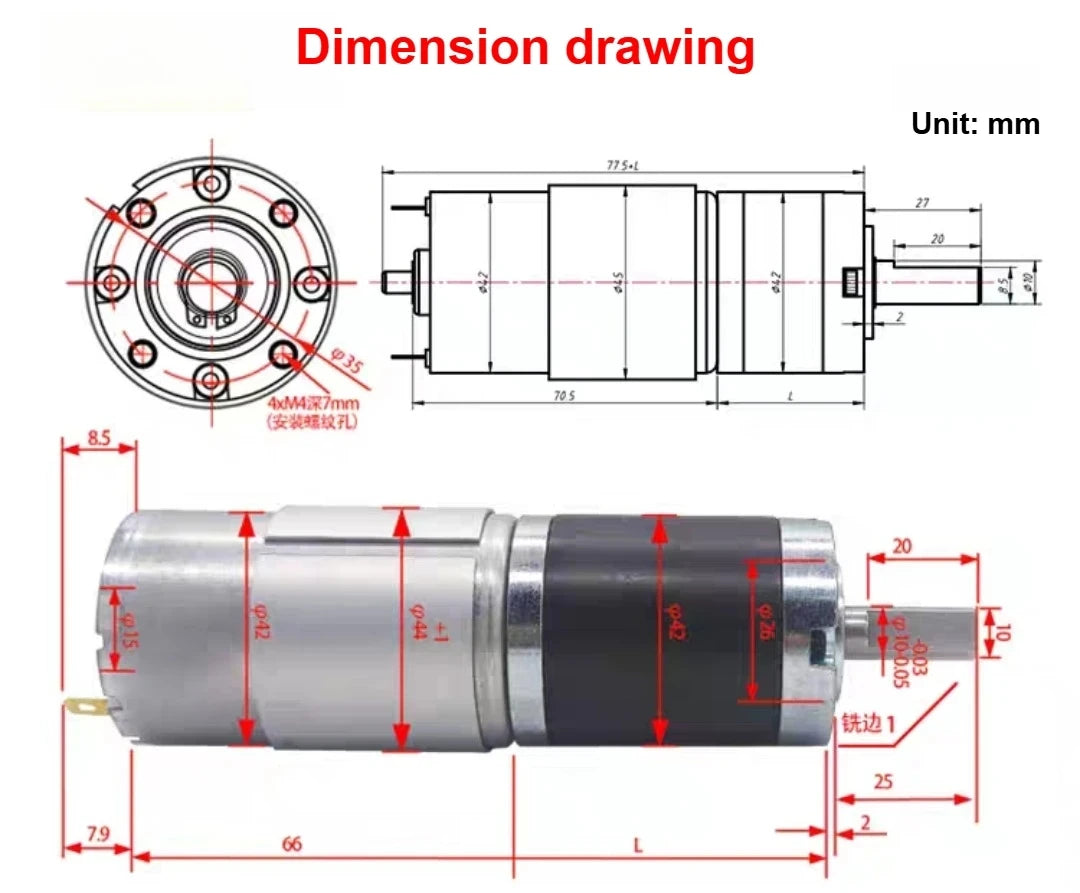12V24VDC 775 Long life Ultra High torque forward and reverse 42mm planetary brush reduction motor Planetary gear DC low speed