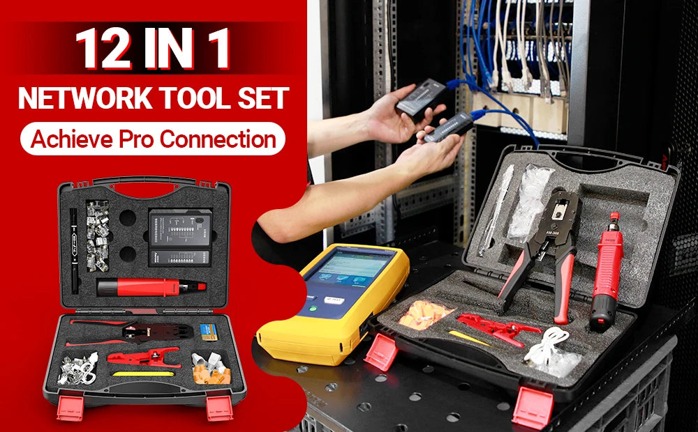 AMPCOM RJ45 Crimper Lan Tester Tool Set Ethernet Cable Stripper Punch Down Tool RJ 45 RJ11 Connectors 12 in 1 Cabling Repair Set