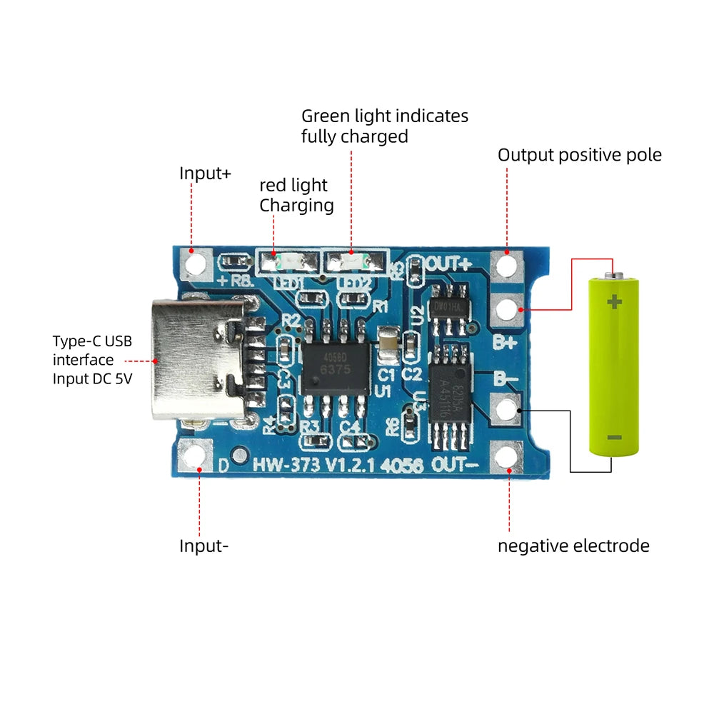 5pc Set Type-c Port 5v 1a 18650 Tp4056 Lithium Battery Charger Module Charging Board Charging Protection With Led Light