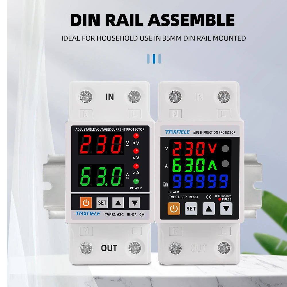 63A 230V Din Rail Adjustable Over Under Voltage Protective Device Protector Relay Over Current Protection Energy KWH Meter
