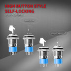 12/16mm Latching Push Button Switch IP65 Waterproof Stainless Steel Self-Locking 1NO 1NC Power Symbol Pattern for Power Applicat