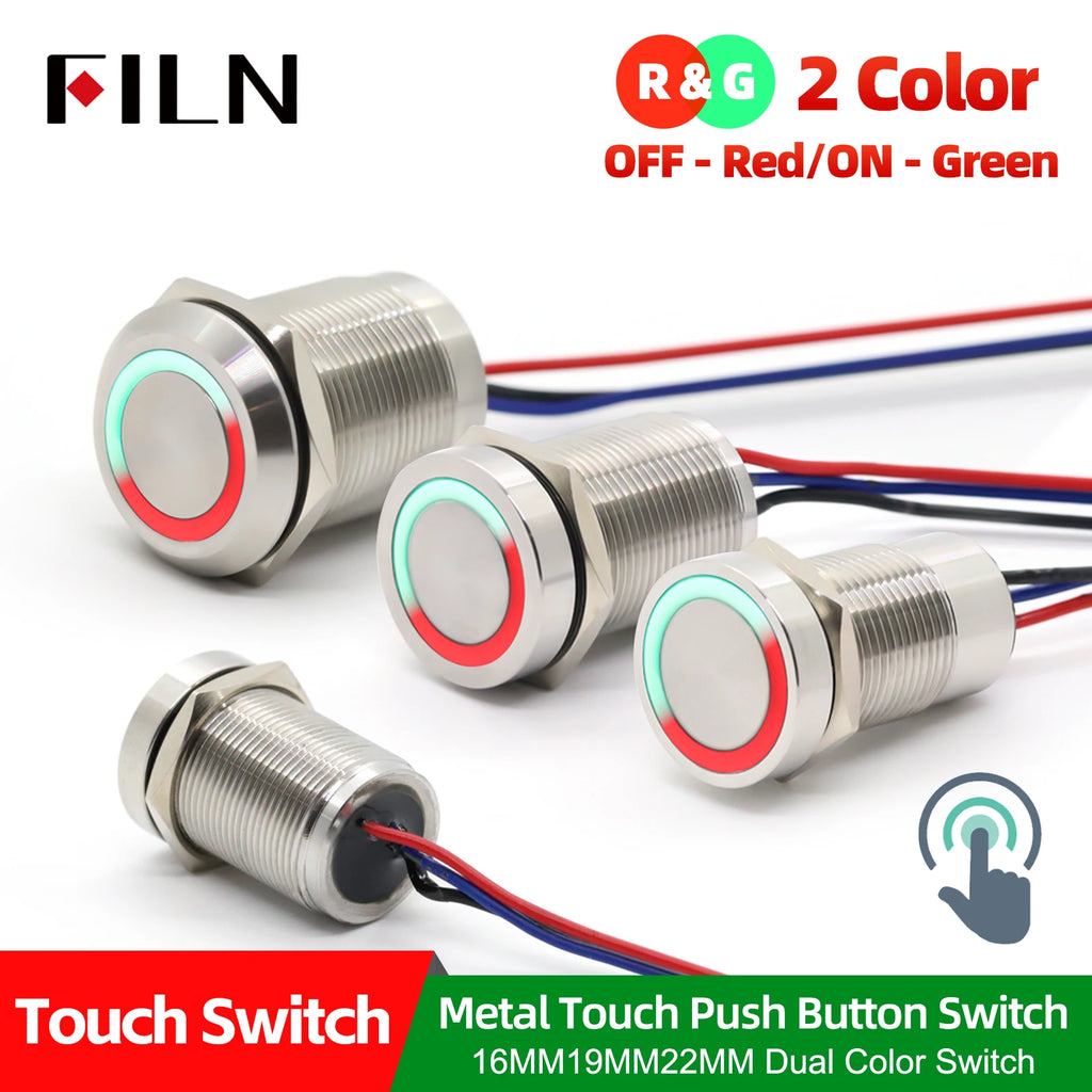 FILN 16/19/22mm Stainless Steel Touch Push Button Switch Dual Color LED Red Green Waterproof IP68/IP69K DC 12V/24V Momentary
