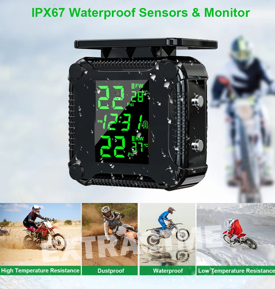 Extractme Tire Pressure Monitoring System Colorful Display Wireless TPMS Motorcycle Solar Charge Tyre Temperature Alarm Sensor
