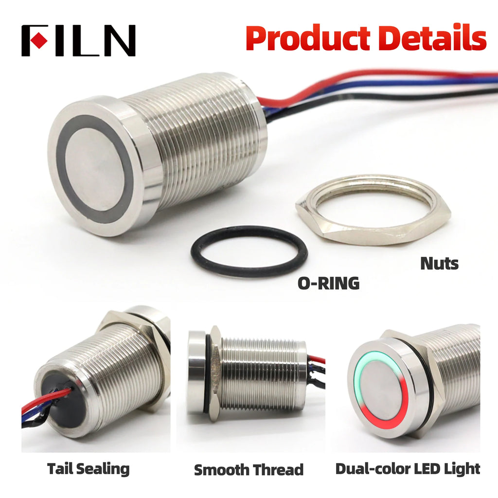 FILN 16/19/22mm Stainless Steel Touch Push Button Switch Dual Color LED Red Green Waterproof IP68/IP69K DC 12V/24V Momentary