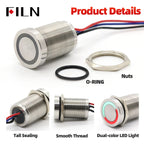 FILN 16/19/22mm Stainless Steel Touch Push Button Switch Dual Color LED Red Green Waterproof IP68/IP69K DC 12V/24V Momentary