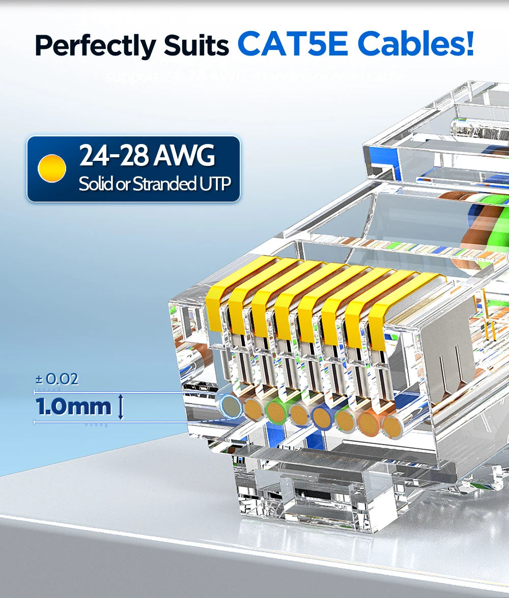 AMPCOM RJ45 Connector Pass Through CAT5E Modular Plug Network End UTP Fu Gold Plated 8P8C Crimp End For 24-28 AWG Ethernet Cable