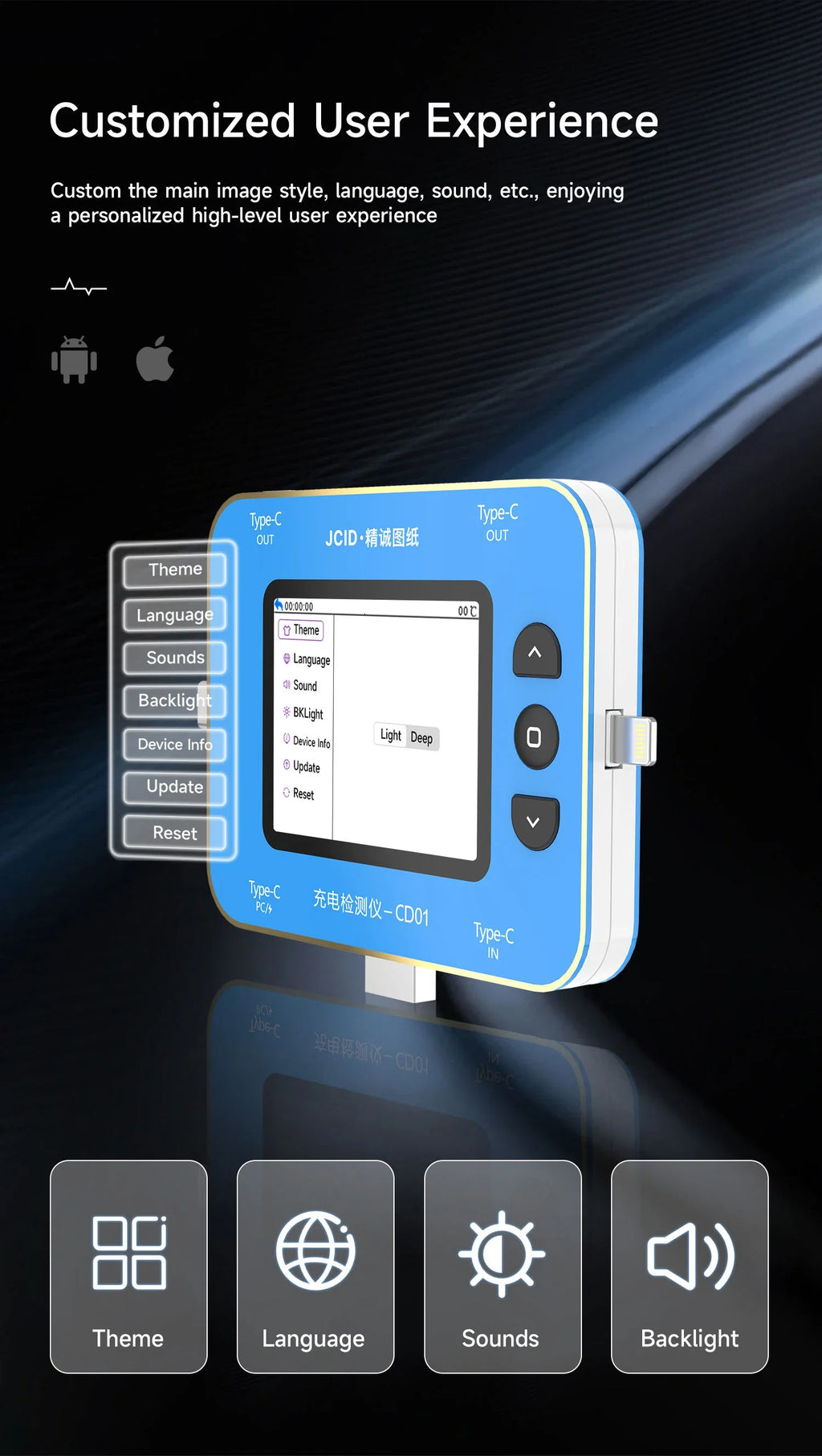 JCID CD01 Charging Detector CD01 Use with JC Intelligent Drawing Faults Diagnosis Type-C Lightning Port Tester IPhone Android