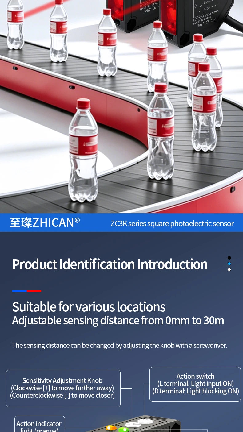 Zhican Zc3K Long Range Photoelectric Sensor 0.1-30m through Beam Retro Reflective Diffuse Reflective Switch
