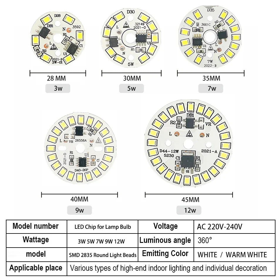 3PCS AC220V LED Chip for Lamp Bulb 5W 7W 9W 12W 15W 18W SMD 2835 Led Round Bulb Chips Light Beads Lighting Spotlight Bulb Chip
