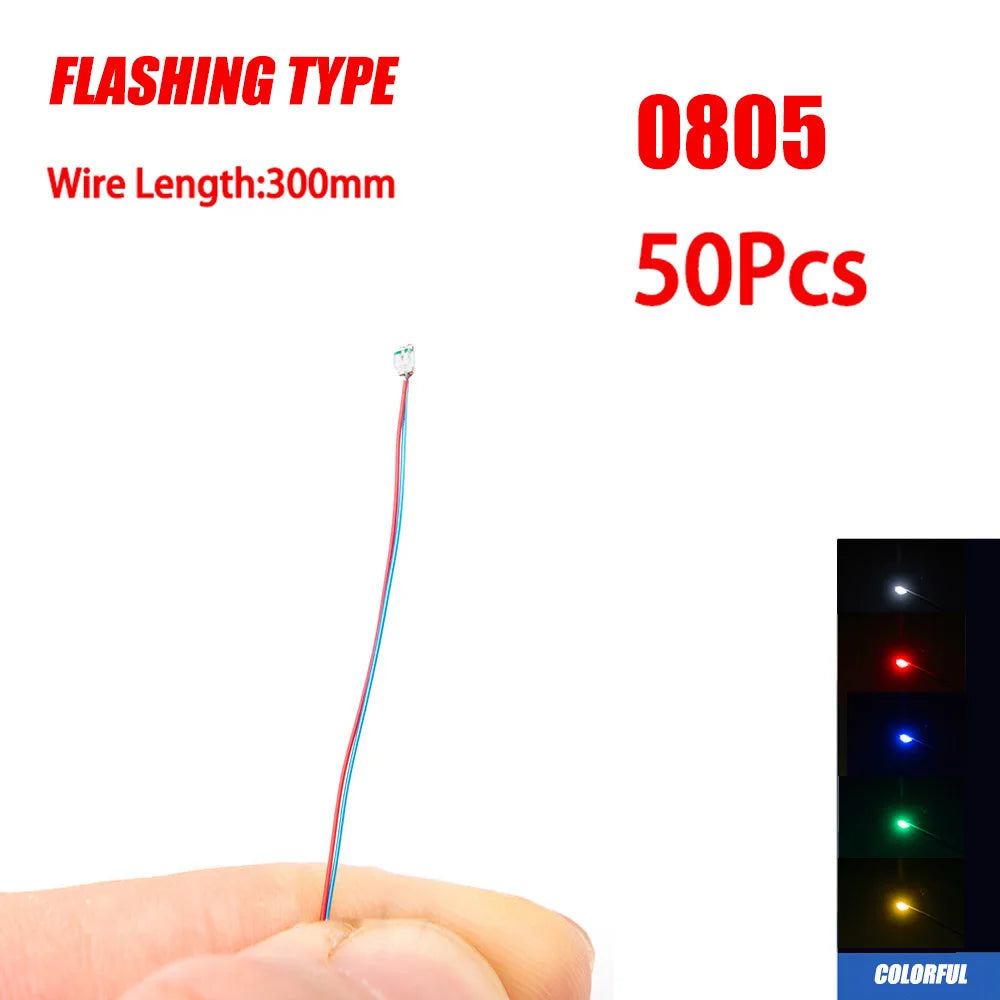 50pcs 0805 FLASHING LED SMD Lamp Wired Micro Litz Led Pre-Soldered Chip Wired 3V Railway Model Toy Light DIY Leads Wires 30cm
