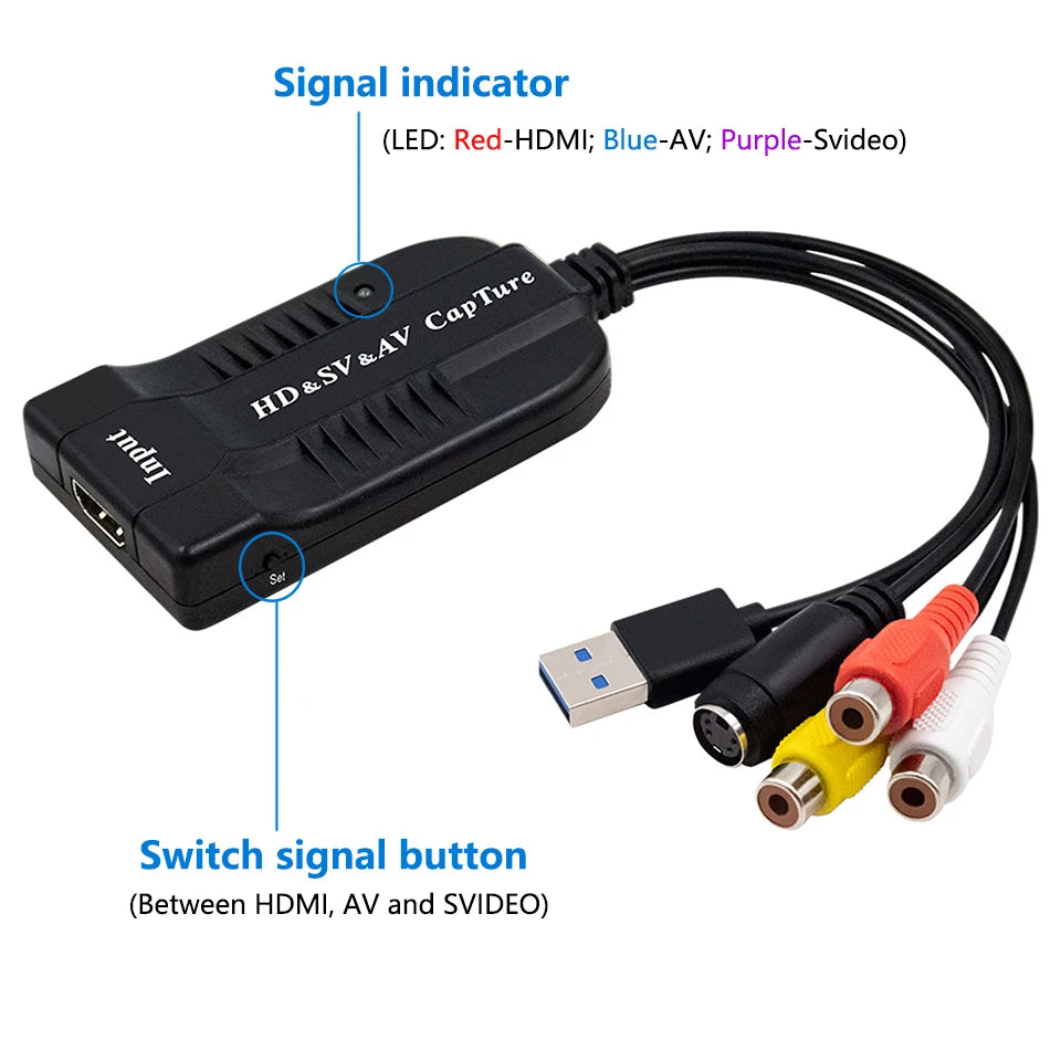 USB 2.0 Video Capture Card HD/AV/3RCA/S Video VHS Analog to Digital Converter USB Capture Card Device for Hi8 DVD VCR PS3 PS4