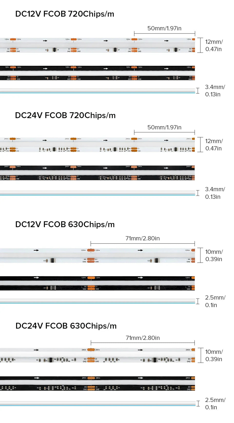 WS2811 Addressable 630 720 LEDs Dream Color FCOB RGB IC LED Light Strip 12mm 12V 24V Flexible WS2812B FOB COB Led Lights RA90