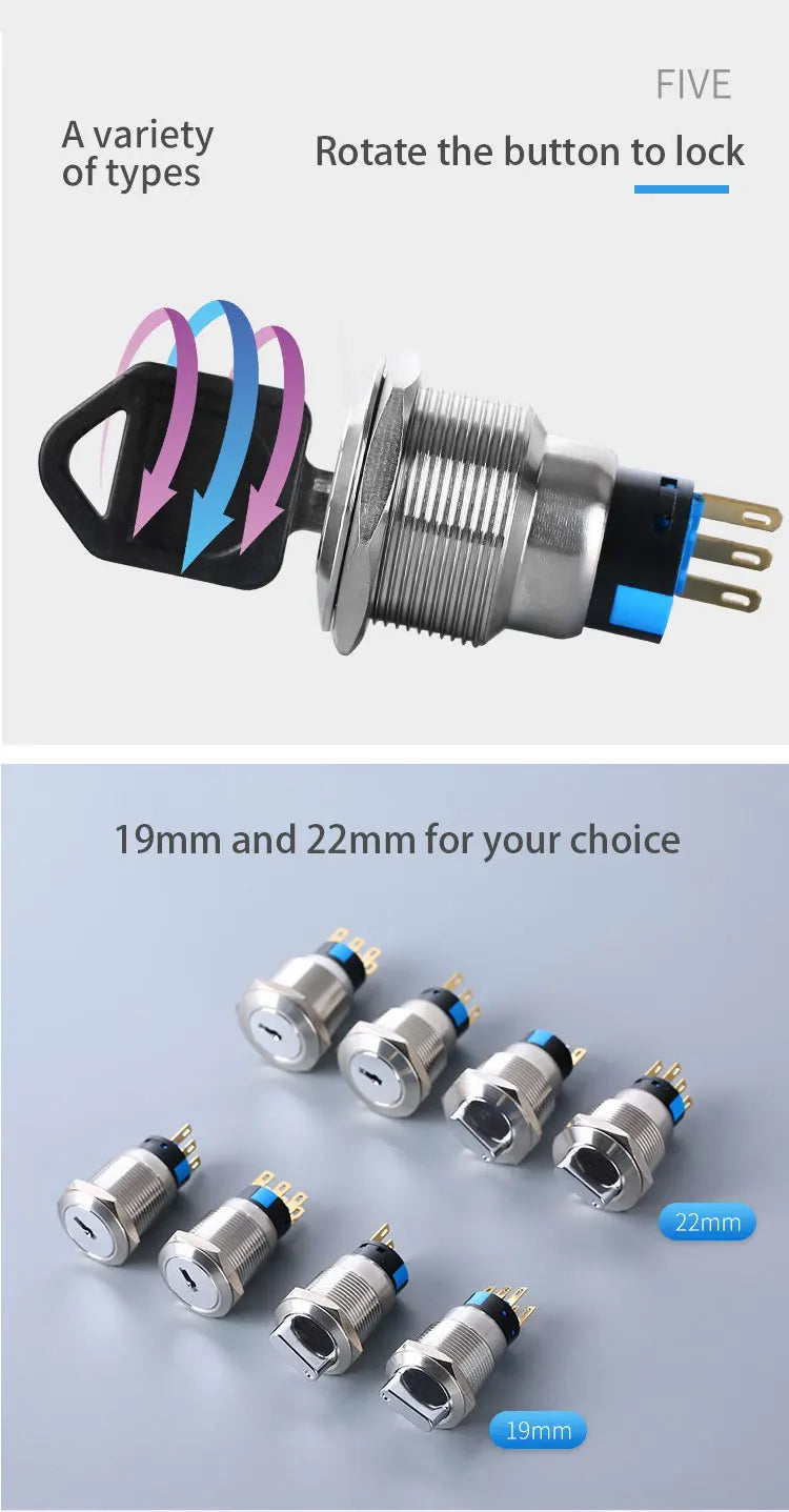 16/19/22mm metal Key rotary push button 2/3 position latching knob Switch Press Button rotary Rotate LED light rotation IP65