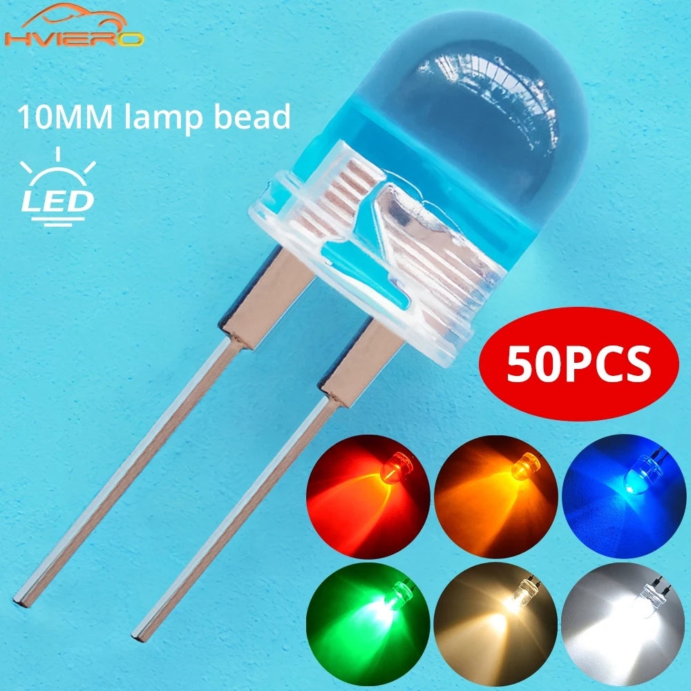 50pcs 10mm White Red Green Blue Yellow Diode Led Round 0.5W Power Light 3.2~3.6V LED Lamp Bead Light-emitting Diodes 30KMCD Bulb