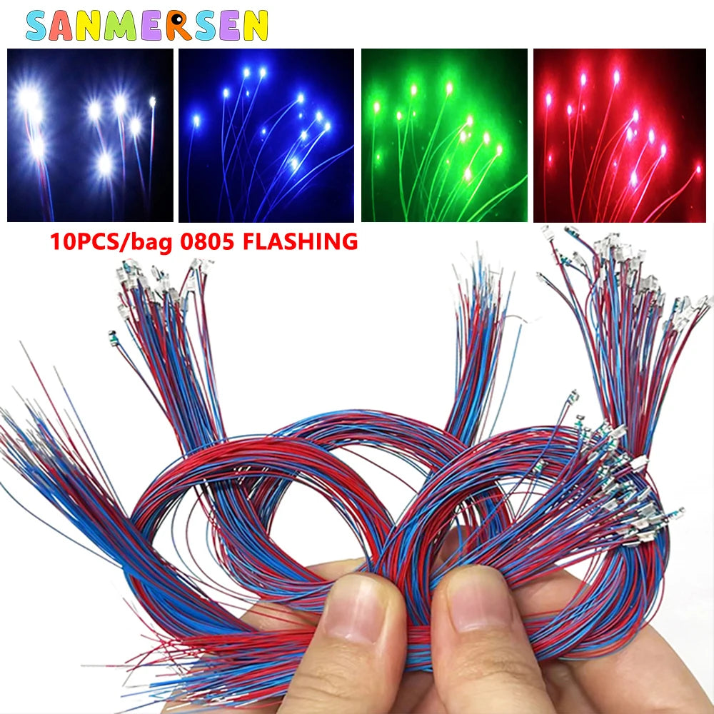 10Pcs/bag 0805 FLASHING SMD Lamp Wired Micro Litz Led Pre-Soldered Chip Wired 30cm 3V Railway DIY Model Toy Light Wires