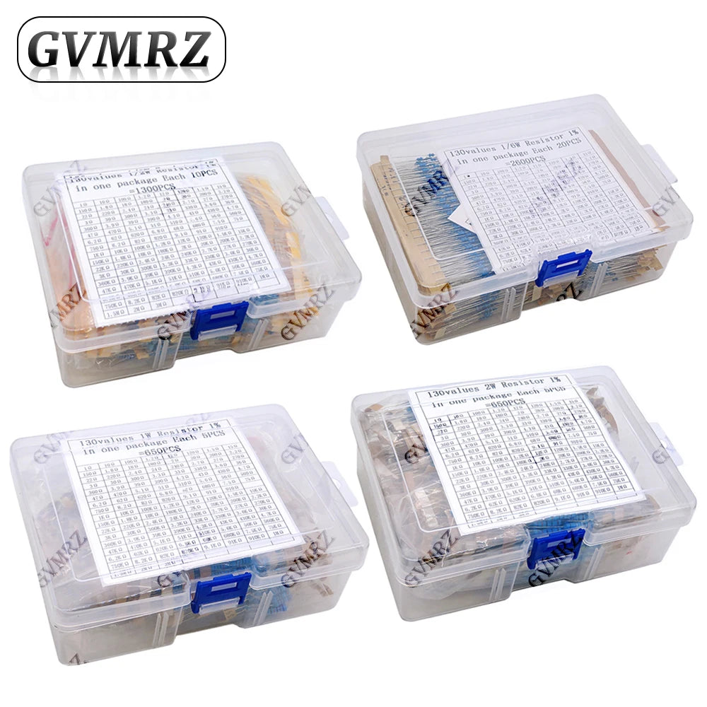 1/4W 1/8W 1/2W 1W 2W Metal Film Resistor Kit 130 Values 0.125W 0.25W 0.5W 1% Resistance Assortment Assorted Set Box 0.1667W