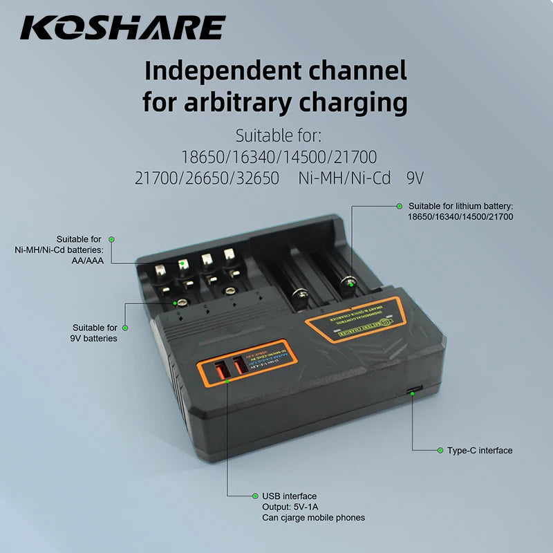 KOSHARE Smart Battery Charger for Rechargeable Ni-MH Ni-CD AA AAA 9V Batteries 18650/16340/26650 14500/21700 Lithium-ion Battery
