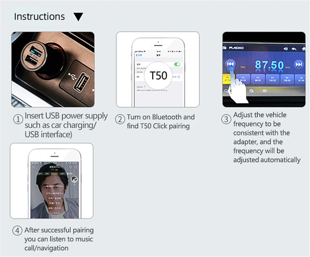 T50 Car Bluetooth 6.0 10M Transmitter Receiver Handsfree Call Mini USB Power Car Kit Auto Wireless Audio for Car Music Fm Radio