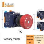 LANBOO 22MM SA1 Series Quick Plug with LED25A High Current Plastic Mushroom Button Emergency Stop Switch 1NO1NC 2NC