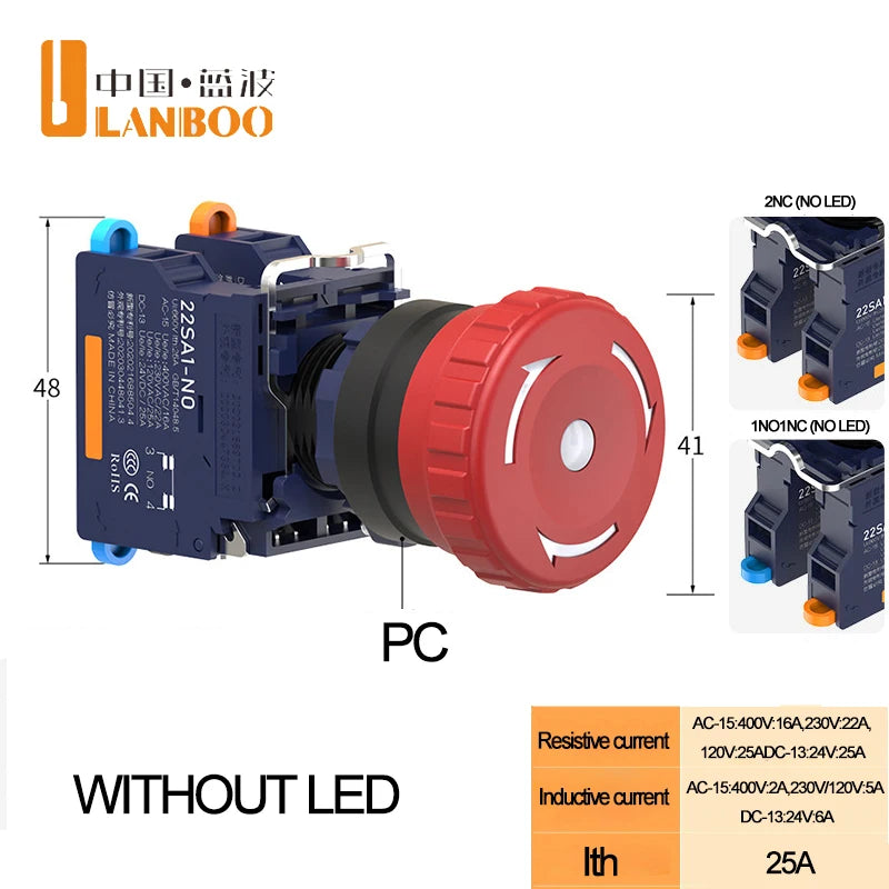 LANBOO 22MM SA1 Series Quick Plug with LED25A High Current Plastic Mushroom Button Emergency Stop Switch 1NO1NC 2NC