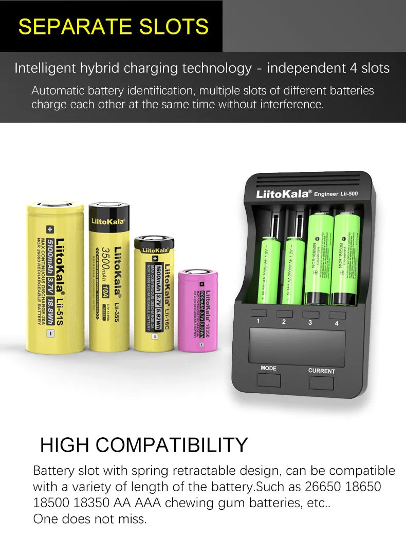 LiitoKala Lii-500 Battery Charger 4 Slot LCD Tester for 18650 26650 AA AAA Flashlight Vape Li-ion NiMH Rechargeable Cells