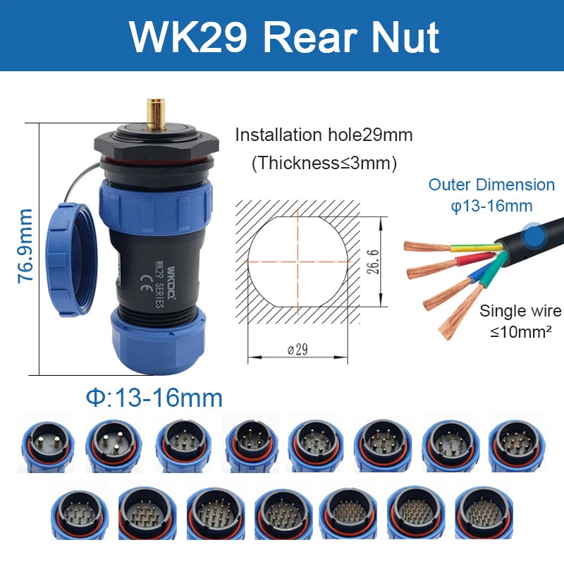 SP29 Square Waterproof Connector Soldering Electric IP68 WK29 Aviation Male Plug Square Back Nut Socket Threaded Cable Connector
