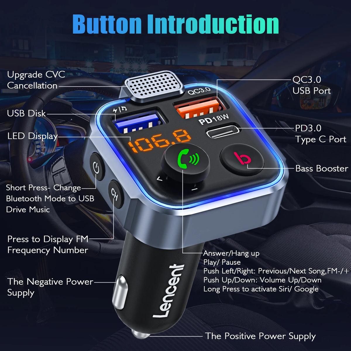 LENCENT FM Transmitter Wireless Bluetooth 5.0 Handsfree Car Kit with Type-C PD 20W+ QC3.0 Fast USB Mp3 Player
