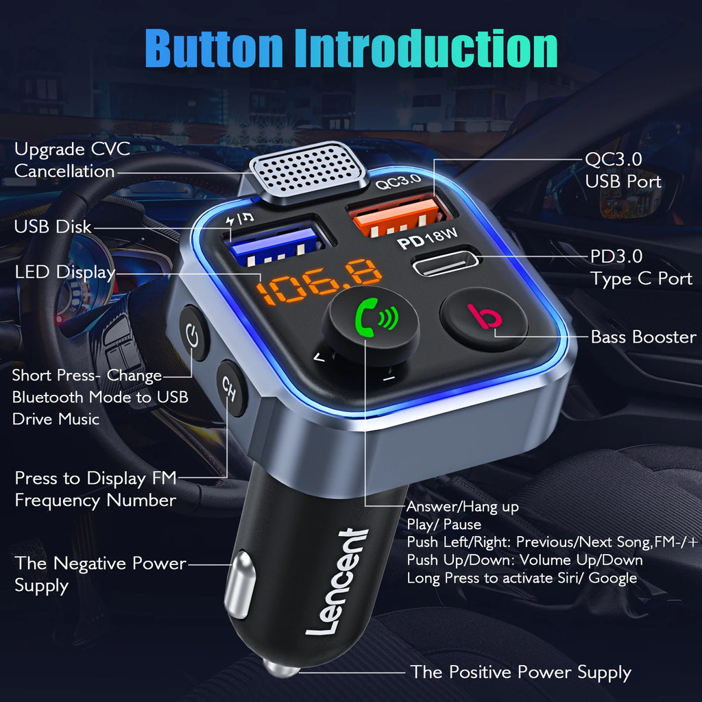 LENCENT FM Transmitter Wireless Bluetooth 5.0 Handsfree Car Kit Audio MP3 Player With Type-C PD 20W+ QC3.0 Fast USB FM Modulator