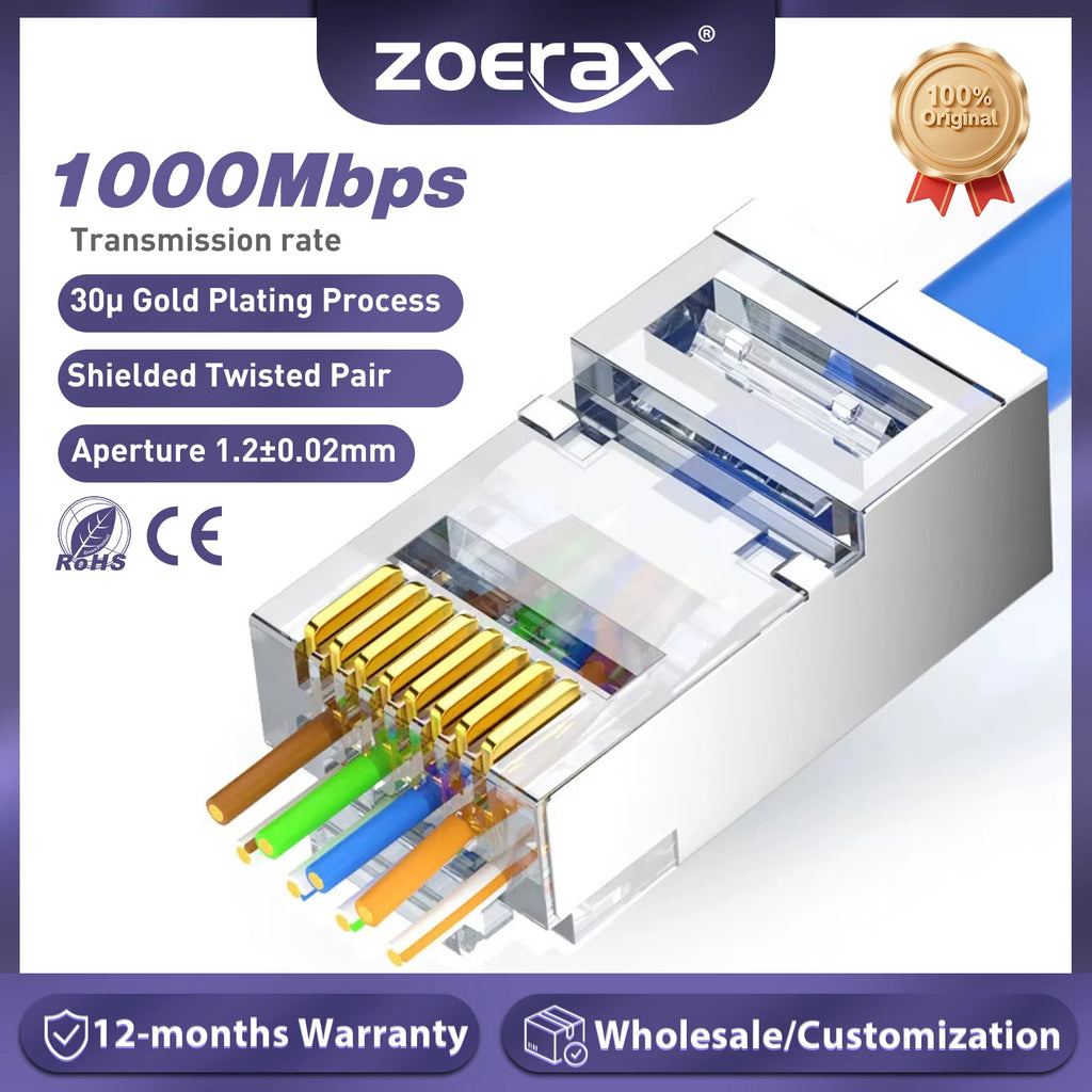 ZoeRax RJ45 Cat6A Cat6 Cat5e Pass Through Connector Gold Plated 3 Prong 8P8C Modular Plug for UTP/STP Stranded Ethernet Cable
