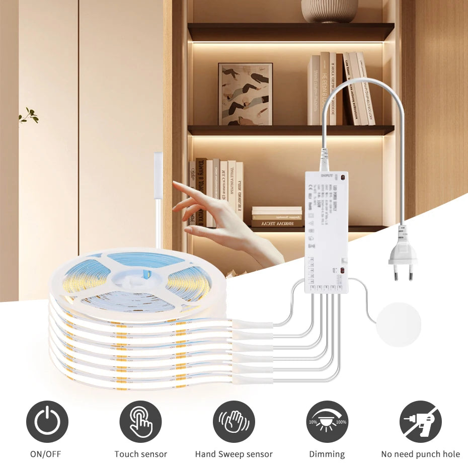 24V COB LED Strip with EU/US/AU/UK Plug Touch Dimmer Switch Adhesive Backing for Cabinets Shelf Closet Kitchen Lighting 1-6pcs