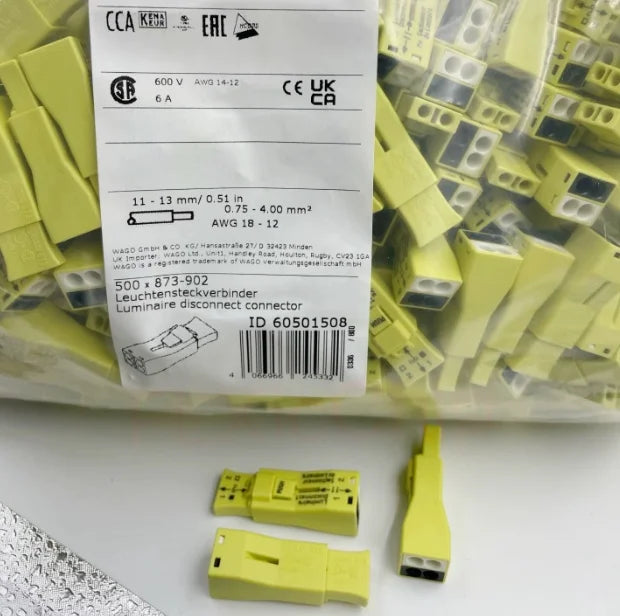 WAGO 873‑902 Luminaire Disconnect Plug‑in Connector, 2‑Pole 2‑In 4‑Out Push‑Wire Terminal Block for LED Lighting 400V 6A