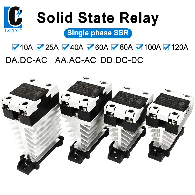 LCTC SSR 10A25a40a60A80A100A120A Solid State Relay with Radiator DC-AC AC-AC DC-DC DIN Rail Zero-crossing Relays
