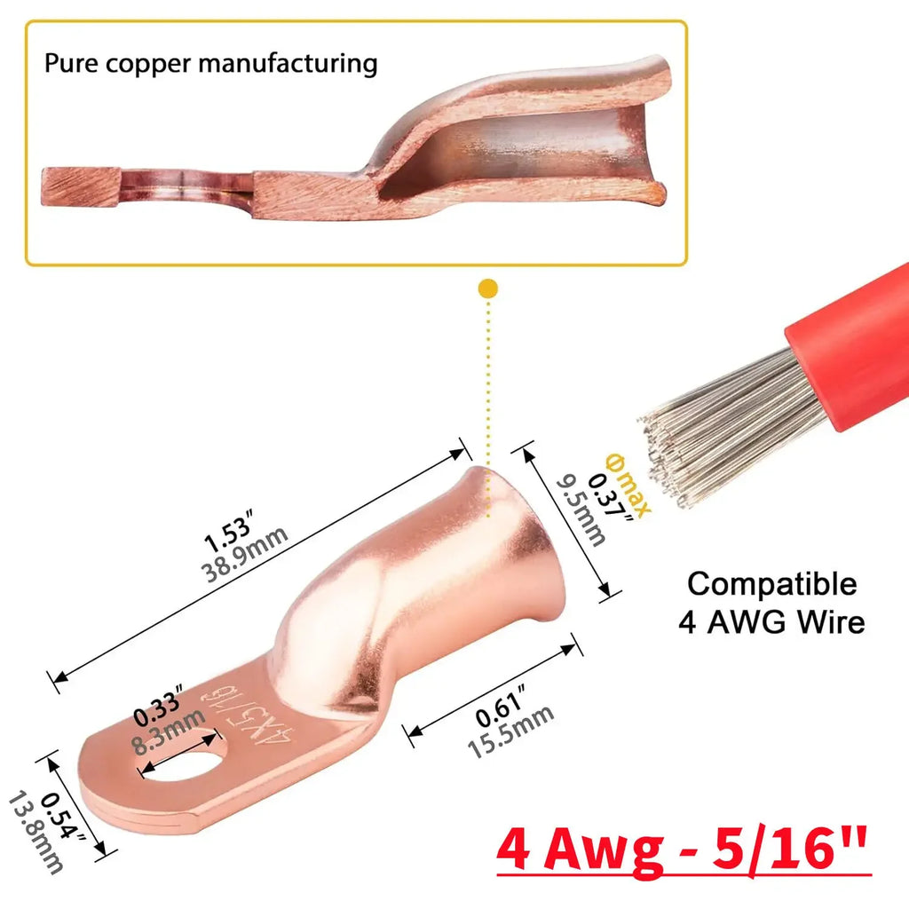 10pcs Copper Terminal Connectors, AWG 2 4 6 8 1/0 2/0 Ring Lug With Shrink Tubing 10Battery Cable Lugs, With 10 Shrink Tubing