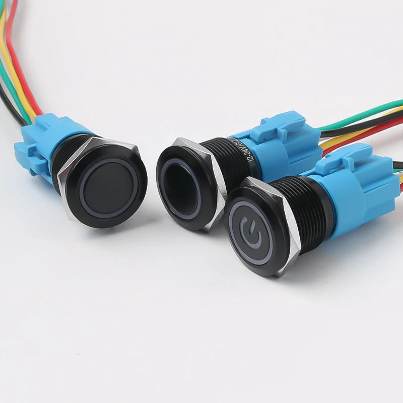 5PCS 16/19/22mm Metal Button Switch  Black Shell Flat Head Waterproof LED Momentary Reset Latching Button Switch 12V 24V 220V