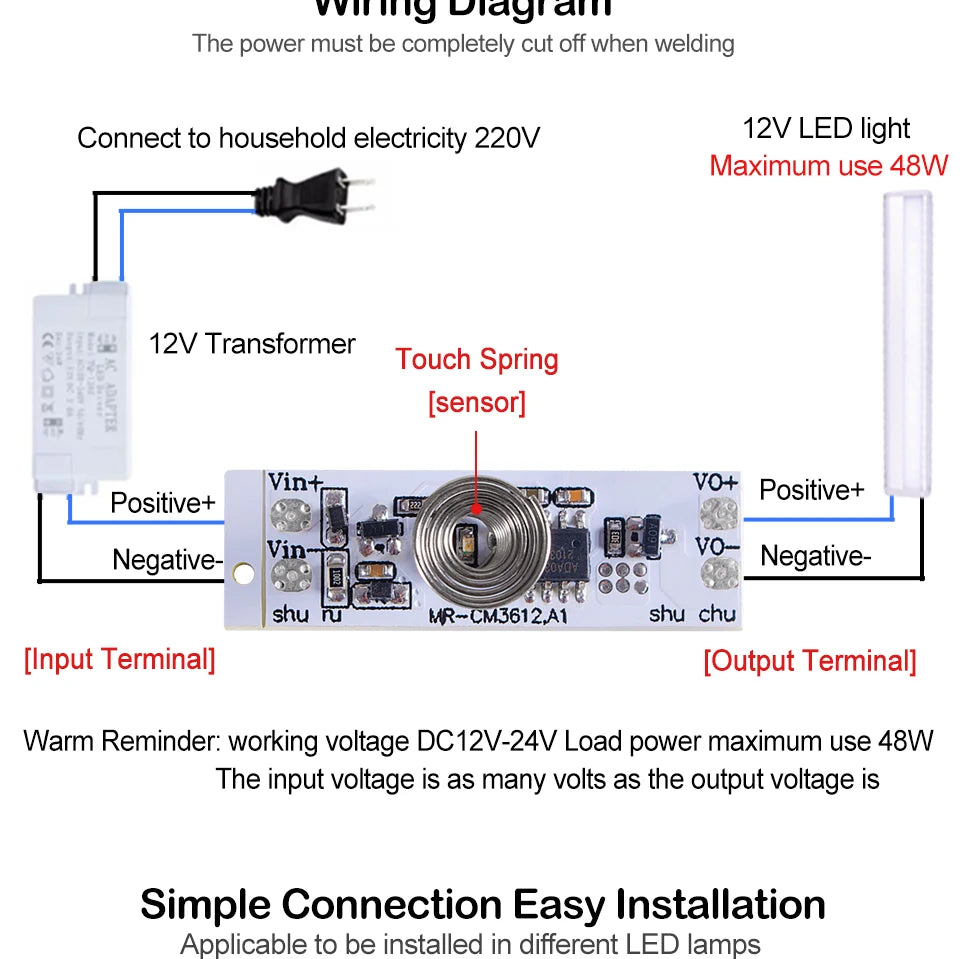 DC 12V Capacitive Touch Sensor Switch Coil Spring Switch LED Dimmer Control Switch 9-24V 30W 3A for Smart Home LED Light Strip