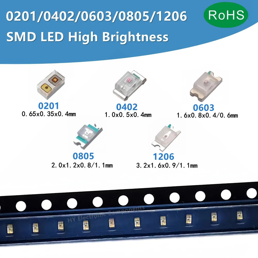 100PCS 0201 0402 0603 0805 1206 SMD LED White Warm Red Blue Yellow Orange Pink White Green Purple SMD LED Light Diode