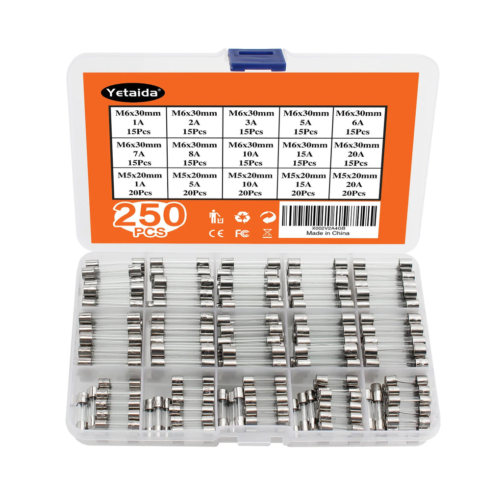 54/72/100/150/200PCS Fuse Assorted kit 5x20mm,6x30mm Quick Blow Glass Tube 0.2A-30A Blow Glass Fuse 10and 15Value electronics ﻿