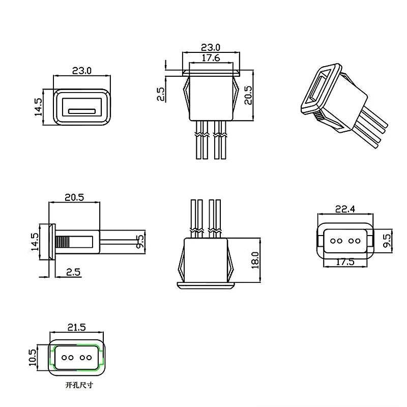 USB 2.0 Female Base 2P/4P Direct Pressure Buckle Welding Wire Type A-Port Waterproof Socket Charging Female Plug