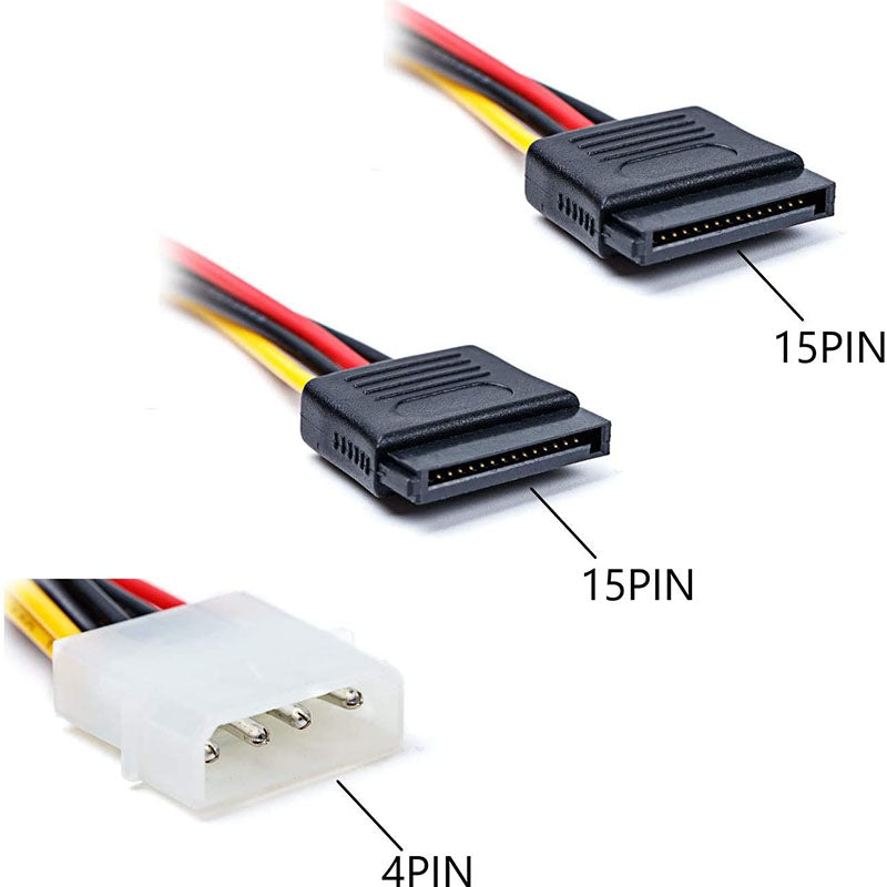 5pcs 4 Pin Molex To 2×15 Pin SATA Power Y-Cable Adapter For IDE 8 Inches