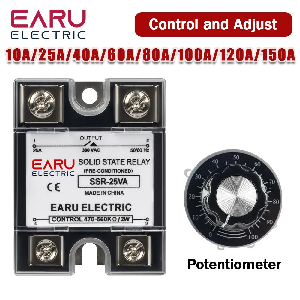 EARU SSR-10VA 25VA 40VA Solid State Relay Voltage Regulator SSR 10A-150A AC 380V Output Potentiometer PID Temperature Controller